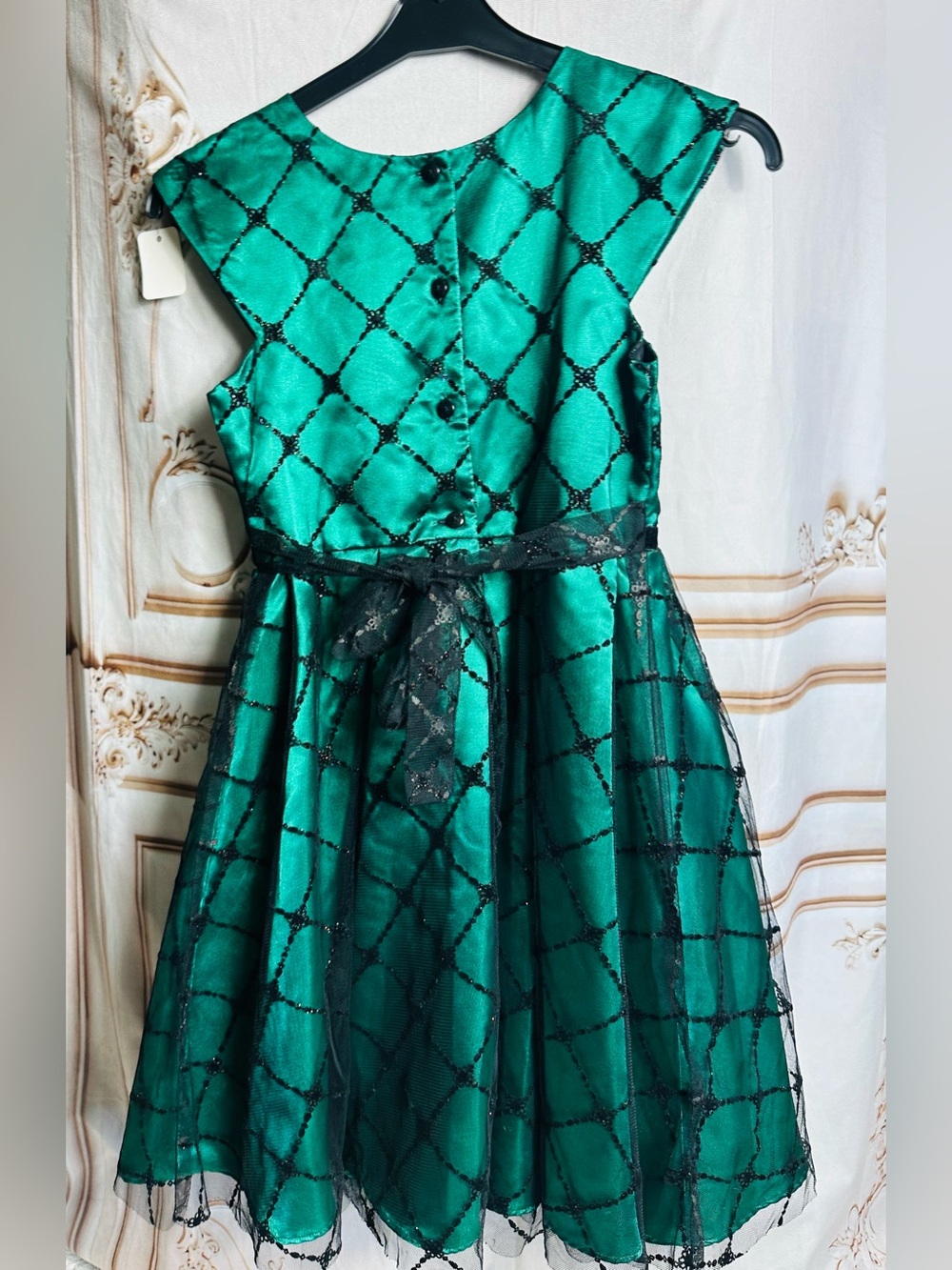 Jona Michelle Emerald Green Lattice Party Dress with Velvet Bow - Picture 5 of 13